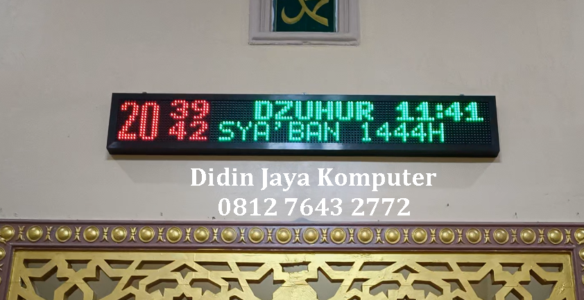 <p>Pemasangan Jadwal sholat otomatis led warna merah hijau ukuran 20x132cm di Mushola Baiturahman Margourip Ngancar Kediri. Led warna merah digunakan untuk menampilkan jam terkini dan led warna hijau digunakan untuk menampilkan jadwal sholat dan berbagai informasi lainnya. Harga terjangkau dan kualitas terbaik garansi 1 tahun.</p>